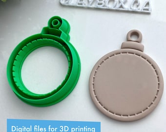 May include: Two 3D printed Christmas ornament cookie cutters. One is green and the other is brown. The green cutter is a simple circle with a small loop at the top. The brown cutter is a more detailed ornament with a loop at the top and a stitched design around the edge. Digital files for 3D printing.