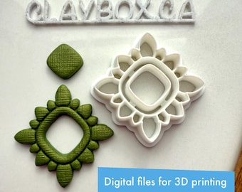 May include: An overhead shot displays a collection of 3D printing files. The image features a green, textured, geometric shape, a white plastic cutter, and a small square. The text "CLAYBOX.CA" is above the objects. The text "Digital files for 3D printing" is below.