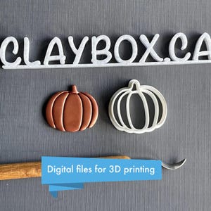 Könnte beinhalten: Zwei 3D-gedruckte Ausstecher in Form von Kürbissen. Einer ist weiß und der andere kupferfarben. Der Text "CLAYBOX.CA" ist oben im Bild zu sehen.
