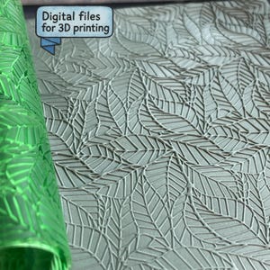 May include: A light green, textured sheet featuring a repeating pattern of overlapping leaves with visible veins. A blue speech bubble graphic in the upper left corner contains the black text Digital files for 3D printing.