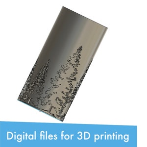 May include: A 3D printed model of a tall, slender vase with a design of trees etched into the surface. The vase is a light gray color and the trees are black.