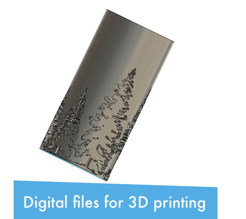 May include: A 3D printed model of a tall, slender vase with a design of trees etched into the surface. The vase is a light gray color and the trees are black.