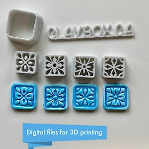 May include: An assortment of 3D-printed square tiles with floral designs, in white and blue. The image includes a square frame and the text "CLAYBOX.CA". Below, the text reads "Digital files for 3D printing".