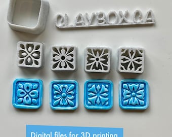 May include: An assortment of 3D-printed square tiles with floral designs, in white and blue. The image includes a square frame and the text "CLAYBOX.CA". Below, the text reads "Digital files for 3D printing".