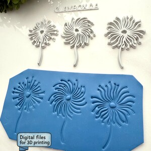 Puede incluir: Tres moldes grises con forma de diente de león y un molde azul con huellas de diente de león. El texto "Digital files for 3D printing" es visible en el molde azul. La palabra "CLAYBOX 64" también es visible.