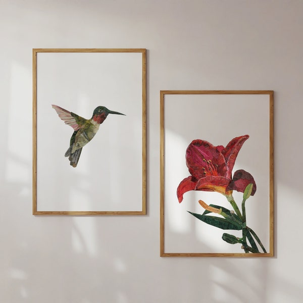 Ensemble de 2 estampes d'oiseaux botaniques, impression de colibri volant avec lys rouge, art mural colibri et fleur de lys rouge, cadeaux colibri