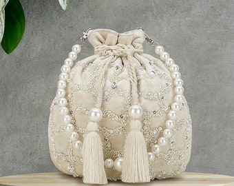 Off White Embellished Tasselled Potli Bag, Wedding Favours, Gift for Guests, Traditional Bag, Indian Handbag, Wedding Purse, Bridal Bags
