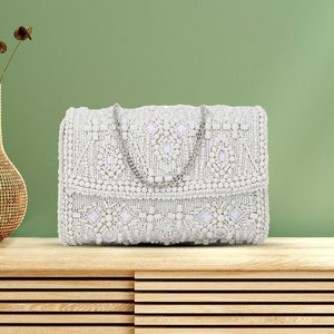 White & Silver Embellished Foldover Clutch, Evening Clutch, Embroidered Clutch, Party Clutch, Fancy Clutches, Bridal Purse, Wedding Handbag