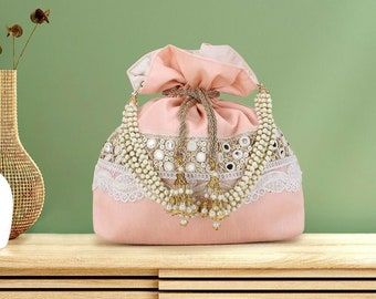 Pink & White Embellished Tasselled Potli, Designer Handbag, Bridal Bags, Pouch, Indian Handbag, Wedding Favor, Wedding Bags, Drawstring Bag