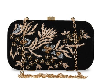 Black & Gold Embellished Velvet Clutch, Evening Clutch, Party Clutch, Modern Clutch, Boho Clutch, Womens Clutch, Clutch Purse,Wedding Clutch