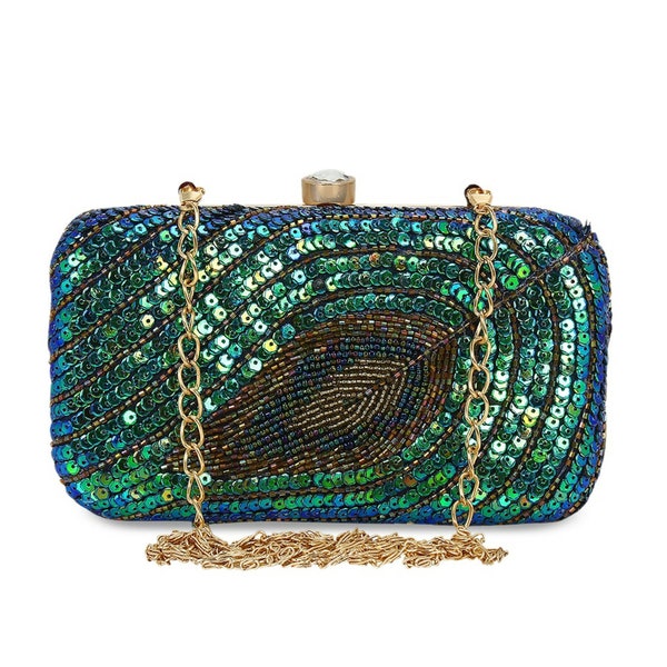 Pochette de boîte brodée bleue et verte, pochette moderne, pochette femme, sac à main d’embrayage, pochette de mariage, pochette de soirée, pochette de fête, pochette boho