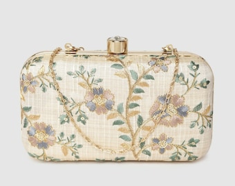 Pochette de boîte brodée florale beige, Pochette femme, Sac à main, Pochette de mariage, Pochette de soirée, Pochette de fête, Pochette moderne, Pochette Boho