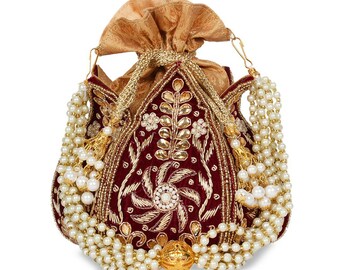 Maroon & Gold Embellished Tasselled Clutch, Wedding Bags, Drawstring Bag, Designer Handbag, Bridal Bags, Pouch, Indian Handbag,Wedding Favor