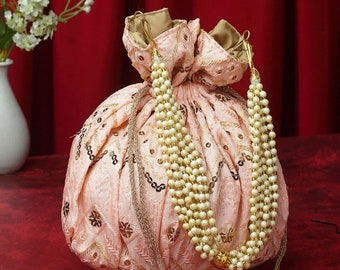 Pink & Gold verschönerte Quaste Potli Tasche, Hochzeitsbevorzugungen, Geschenk für Gäste, traditionelle Tasche, indische Handtasche, Hochzeitsgeldbeutel, Brauttaschen