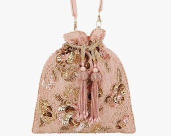 Pink & Gold Toned Embellished Potli Bag, Bridal Bags, Wedding Favour, Gift for Guests, Traditional Bag, Indian Handbag, Wedding Purse