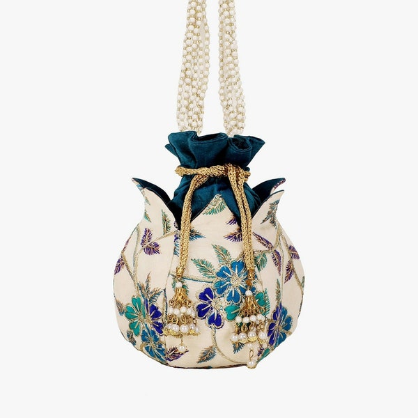 Cream & Blue Coloured Embroidered Potli Bag, Indian Handbag, Wedding Purse, Bridal Bags, Wedding Favours, Gift for Guests, Traditional Bag
