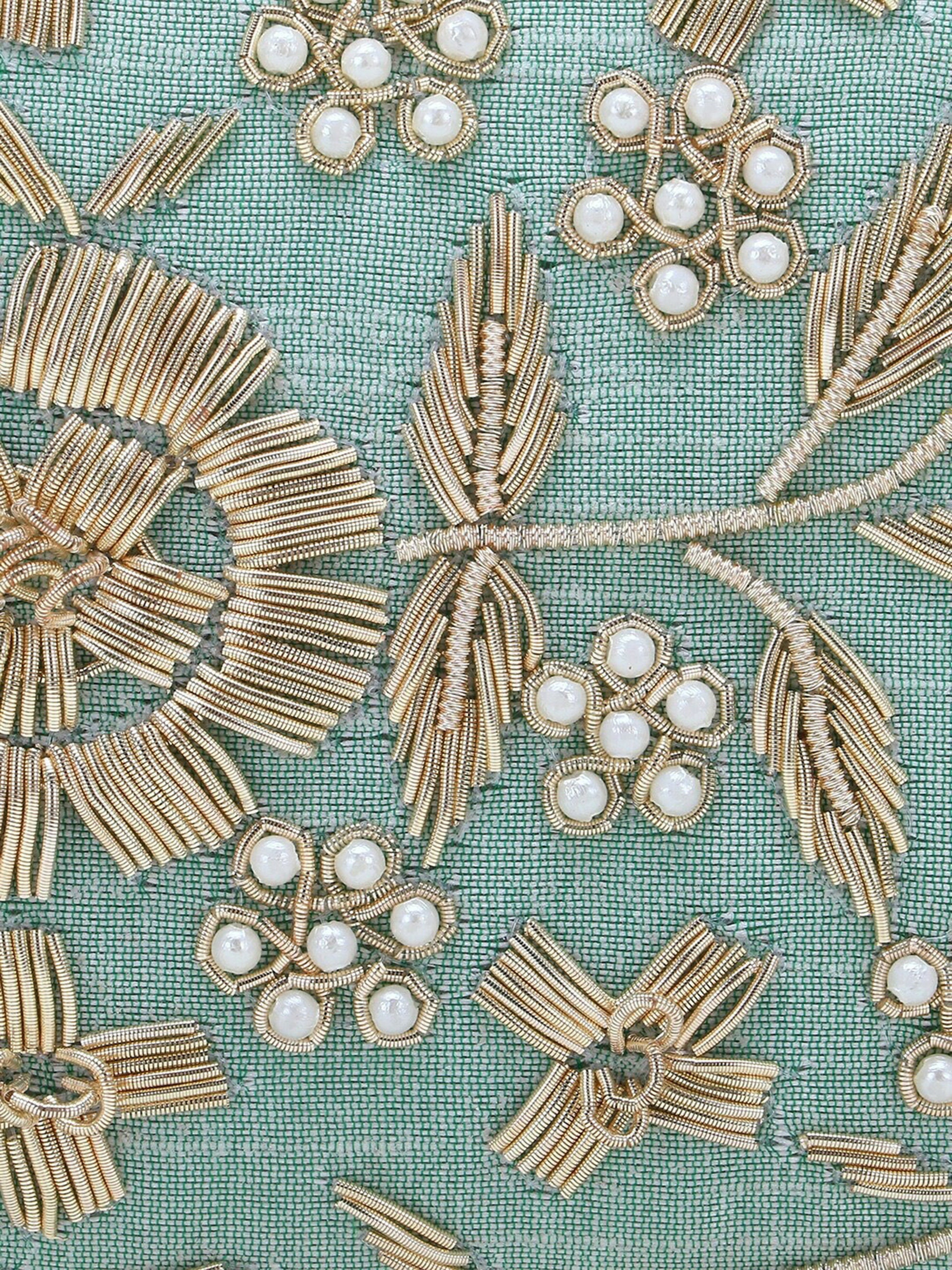 Silver & Gold Embellished Clutch with Tassels – Faux Silk Evening Bag