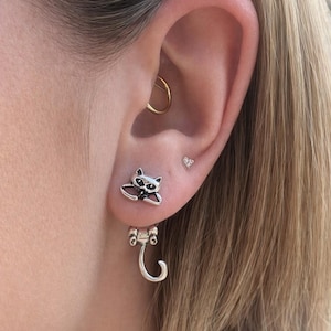 Cat Stud Earrings, 3D Front Back Earrings, Silver Animal Jewelry