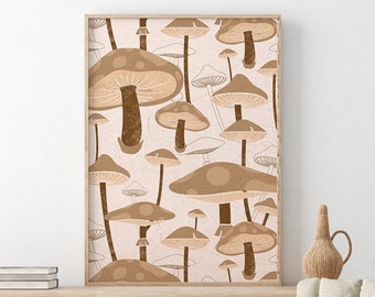 Mushroom Poster, Boho Magic Mushroom Print, 70's Retro Gallery Wall, Printable Wall Art, Psychedelic Digital Art, Funky Trippy,Hippie Poster