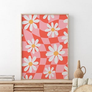 Groovy Poster, 70&#39;s Retro Flower Print, Printable Wall Art, Psychedelic Print, Funky Checkered Art, Hippie Poster, Aesthetic Gallery Wall