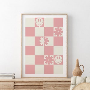 Pink Kariertes Poster, Smiley Face Print, 70er Retro Galerie Wand, druckbare Wandkunst, Psychedelischer Druck, Funky Groovy Poster, Hippie Poster
