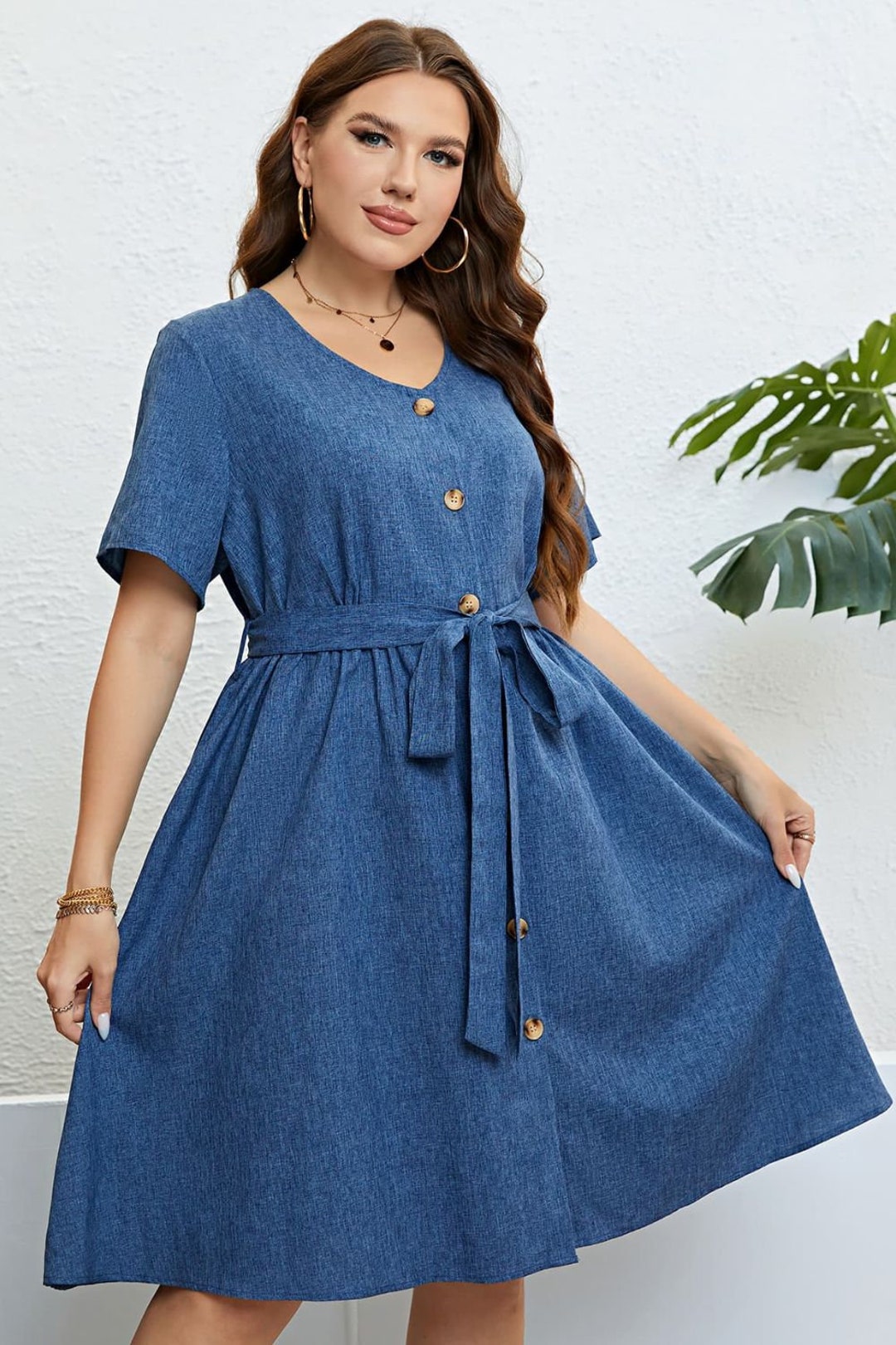 Buttoned Tiewaist Shirt Plus Size Dress Deep Blue Etsy