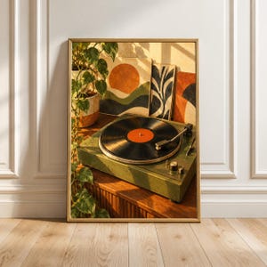 Listening Corner Poster, Retro Record Player Art Print, Vinyl Music Still Life Wall Decor in Olive Green and Orange