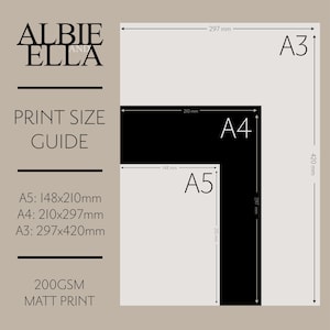 Puede incluir: Gu&iacute;a de tama&ntilde;os de impresi&oacute;n con dimensiones A3 (29,7x42cm), A4 (21x29,7cm) y A5 (14,8x21cm). La gu&iacute;a incluye el texto "ALBIE ELLA" y "GU&Iacute;A DE TAMA&Ntilde;O DE IMPRESI&Oacute;N". Papel mate de 200GSM.