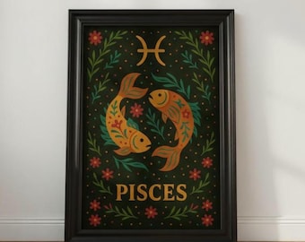 Póster del signo zodiacal Piscis / Arte de pared astrológico / Impresión del horóscopo
