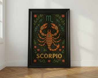 Schorpioen Sterrenbeeld Poster | Horoscoop Muurdecoratie | Astrologie Print | Sterrenbeeld Muurdecoratie Poster, Folk Art Astrologie Print, Hemelse Boho Woondecoratie Cadeau