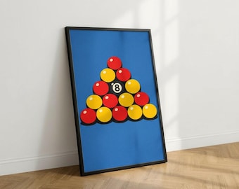 Puede incluir: Una lámina de arte mural rectangular enmarcada con fondo azul que muestra un triángulo de quince bolas de billar. La disposición incluye bolas rojas y amarillas con una bola negra central marcada con el número ocho.