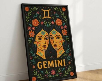 Tweelingen Sterrenbeeld Poster | Astrologie Muurdecoratie | Sterrenbeeld Print | Zodiac Muurdecoratie Poster, Folk Art Astrologie Print, Hemelse Boho Woondecoratie Cadeau