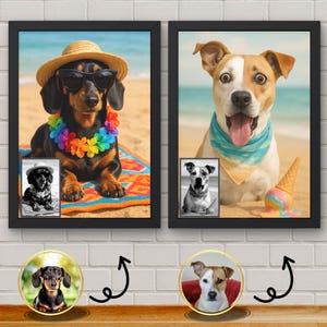 Custom Beach Pet Portrait | Funny Summer Dog or Cat Art | Digital Download in Color or B&W | Personalized Pet Gift