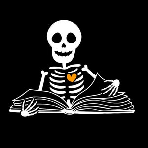 Reading Skeleton Heat Transfer Iron-on Decals, Halloween Skeleton Book Lover Vinyl Iron-on Decal, Choose Heart Color