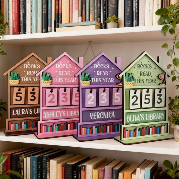 Personalized Books Read This Year Tracker, Wooden Bookshelf Decor, Reading Goal Counter, Book Lovers Gift, Custom Library Sign