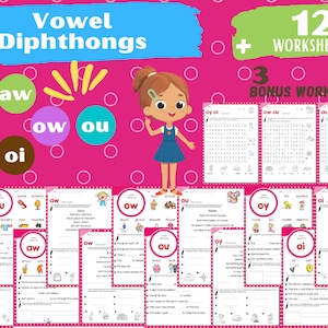 以下が含まれることがあります： 母音の二重母音を教えるための、印刷可能なワークシート15枚セット。ワークシートには、単語探し、塗り絵、書き込み練習など、さまざまなアクティビティが盛り込まれています。ワークシートは、若い学習者向けに設計されており、母音の二重母音を学ぶための楽しくて魅力的な方法です。