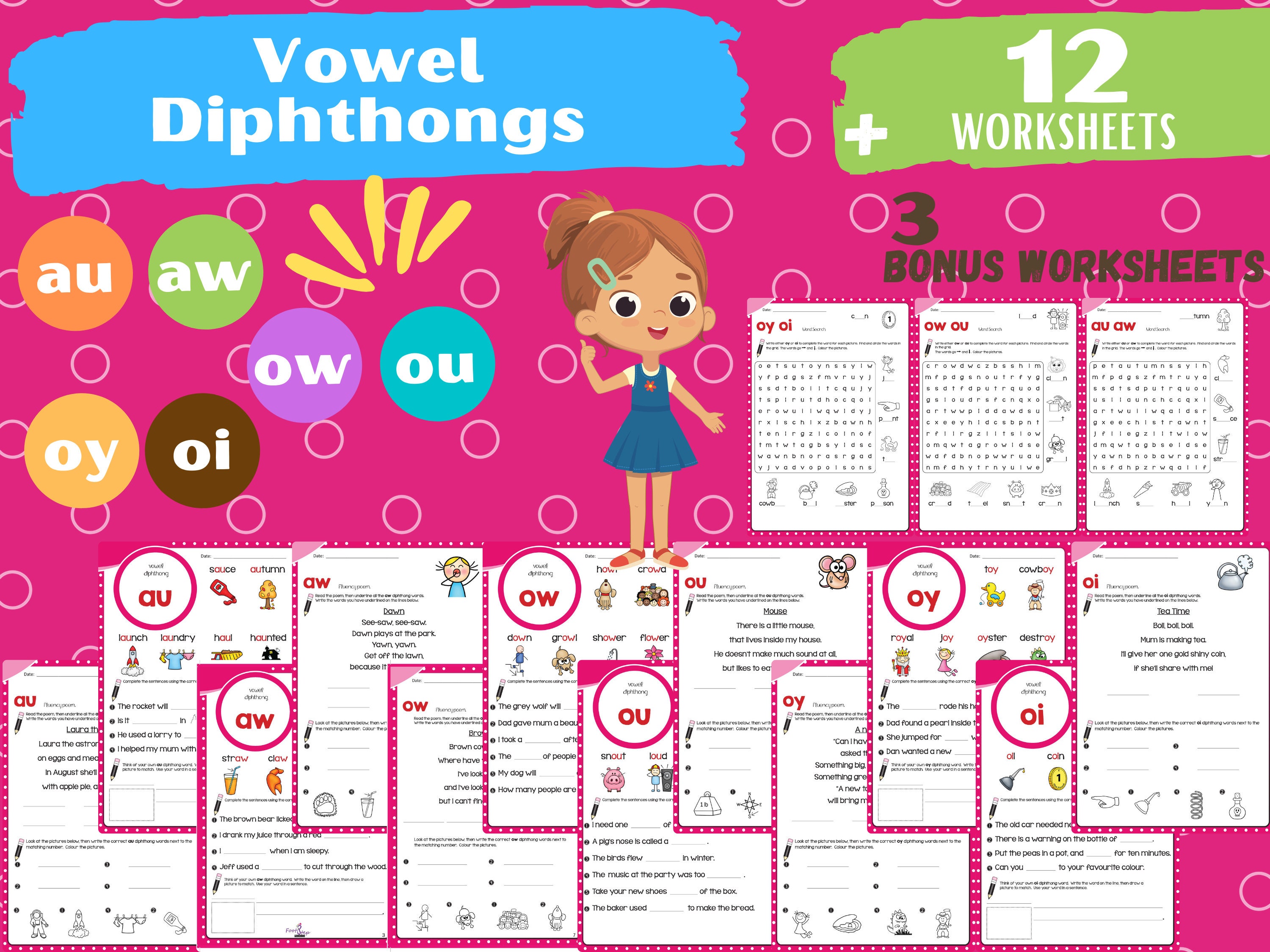 vowel diphthongs au aw ow ou oy oi long vowel sounds etsy