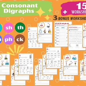 May include: A set of 18 printable worksheets for teaching consonant digraphs. The worksheets feature colourful circles with the digraphs 'ch', 'sh', 'th', 'wh', 'ph', and 'ck'. The worksheets include activities such as word searches, matching, and writing.