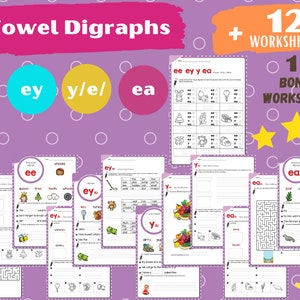 Vowel Digraphs.  Phonics and maze activity worksheets for homeschool and classroom use. ee digraph. ey digraph. y digraph. ea digraph.