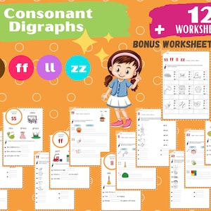 May include: A set of 12 printable worksheets for teaching consonant digraphs. The worksheets feature the digraphs ss, ff, ll, and zz. There is also a bonus worksheet that includes all four digraphs. The worksheets are designed for young learners and feature colorful illustrations and simple activities.