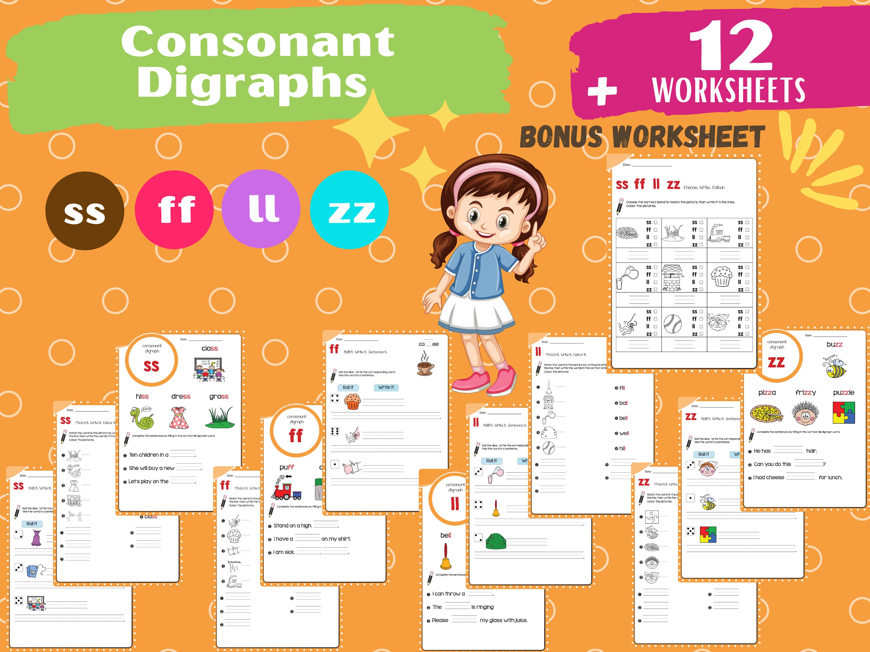 consonant digraphs ss ff ll zz phonics worksheets for etsy
