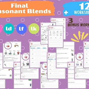 Final Consonant Blends -sk, -ld, -lf, -lk.  Phonics worksheets. sk sound. ld sound. lf sound.  lk sound. Consonant clusters.