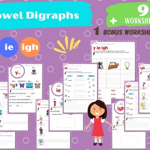Vowel Digraphs Worksheets. y digraph. ie digraph. igh digraph. Phonics Worksheets for home and school use.
