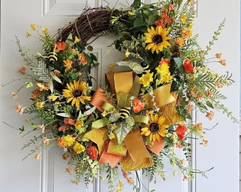 Sunflower Grapevine Wreath – Orange Florals, Summer Door Decor