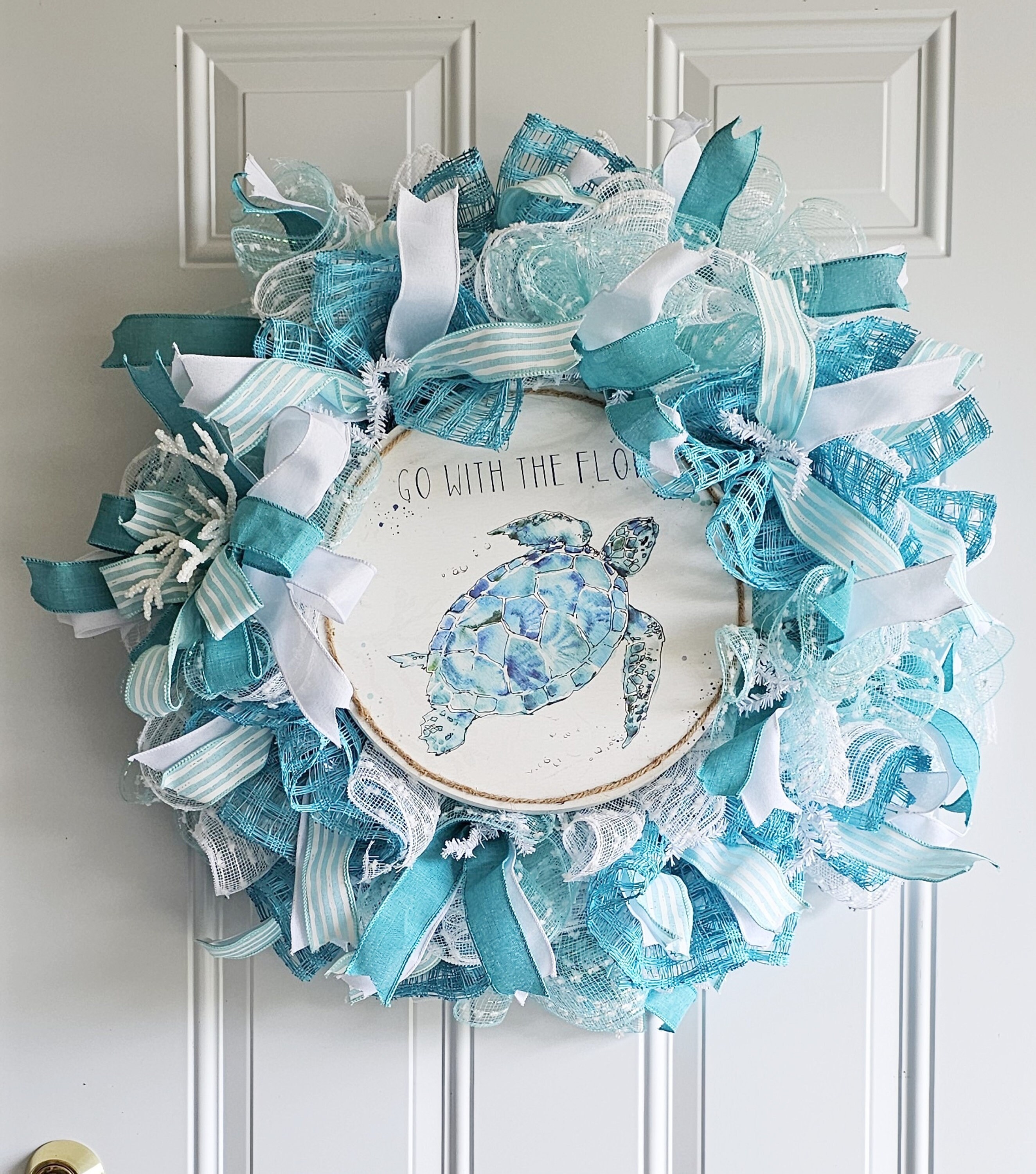 Go With the Flow Sea Turtle Wreath Beach Decor, Coastal Ribbon Wreath ...