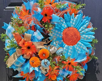 Sunflower Wreath, Bright Orange and Blue Door Decor, Floral Outdoor Wreath, Farmhouse Ribbon Wreath