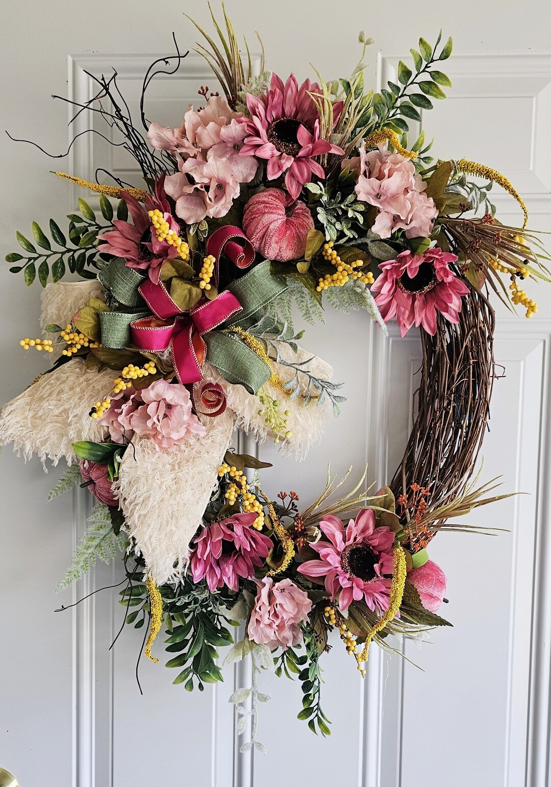 Pink Floral Wreath, Elegant Door Decor, Rustic Hydrangea and Sunflower ...