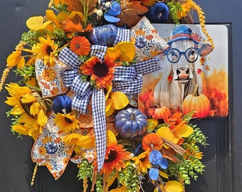 Autumn Sunflower Wreath with Cow Sign - Fall Front Door Decor, Sunflower and Pumpkin Wreath, Farmhouse Thanksgiving Wreath