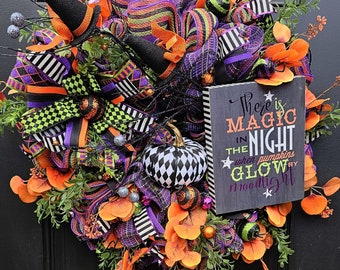 Halloween Wreath with Witch Hat and Orange Flowers - Spooky Halloween Decor for Front Door