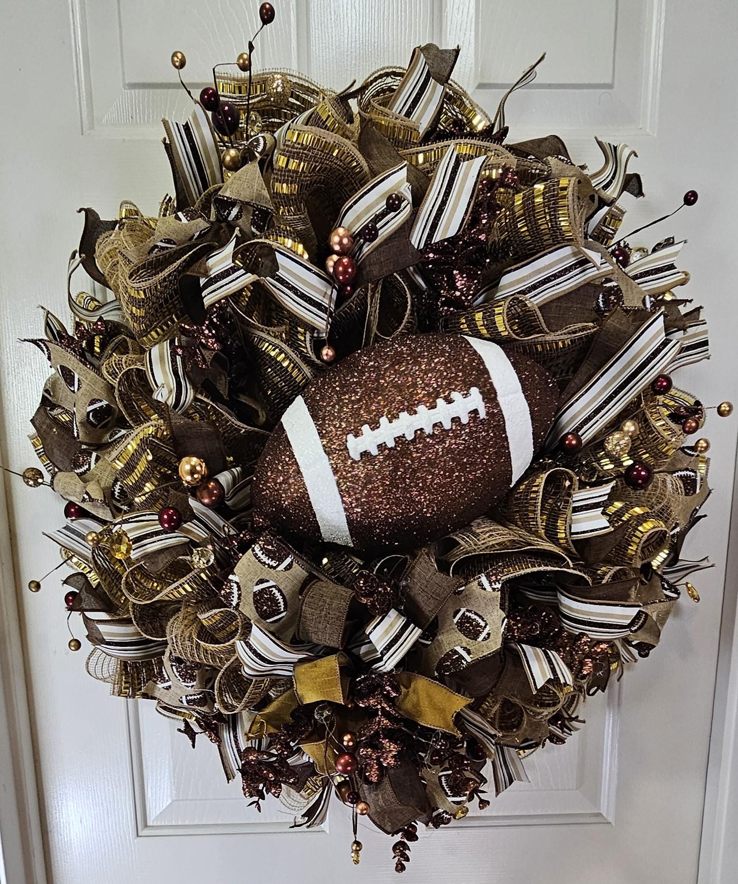 Football Wreath for Front Door, Game Day Decor, Fall Sports Wreath, Brown Glitter Football Wreath, Team Spirit Door Hanger, Tailgate Decor